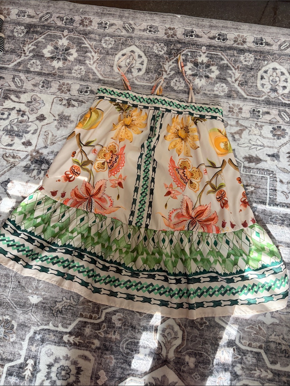 Amazon Floral Cream Mini Dress with Green & Yellow Accents